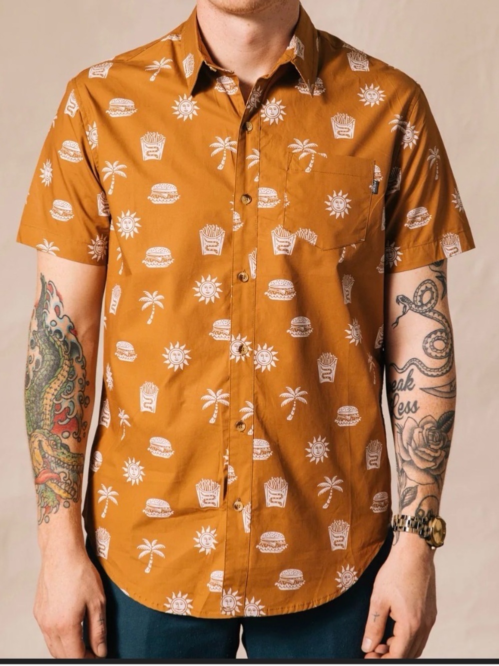 Pyknic Take It Greasy Burger & Fries Fun Short Sleeve Button Down Shirt